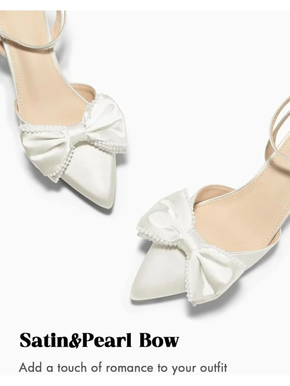 Women's White Satin Kitten Low Heels Bow Pearl Closed Pointed Toe Ankle Strap